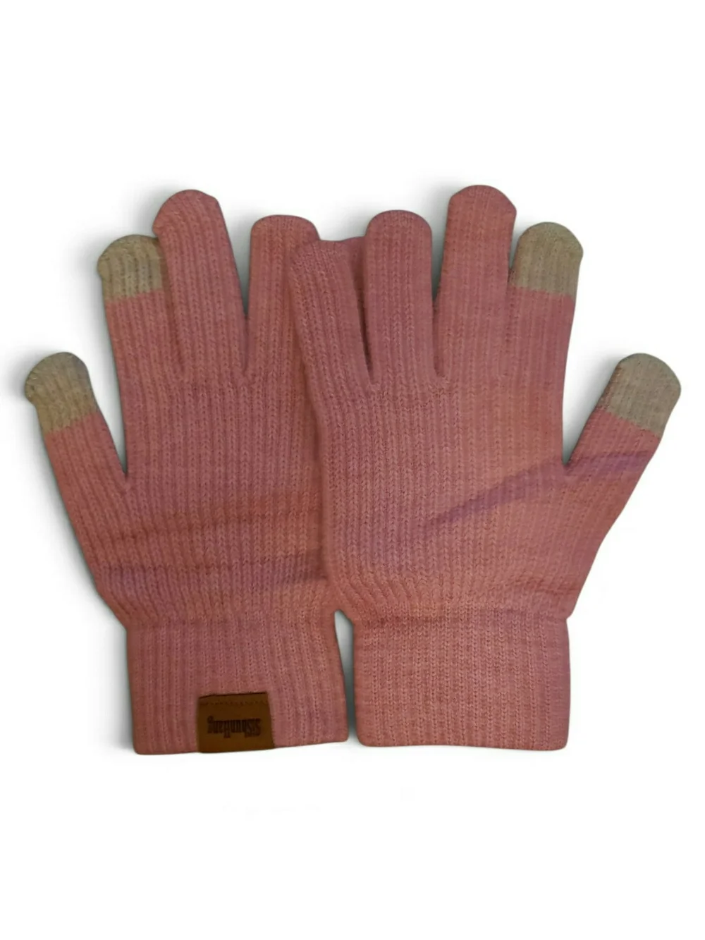 Women's Pink Knit Beanie & Glove Set with Grip Patches.